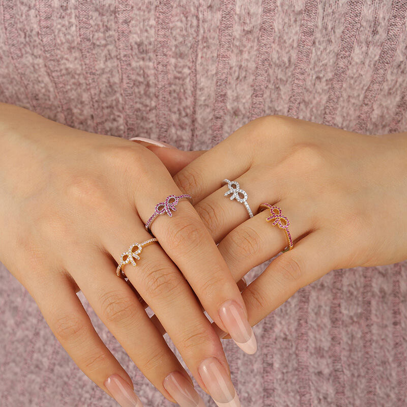 Jeulia Pink Pavé Bow Ring Gold Tone