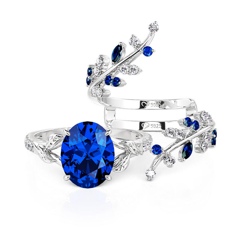 Jeulia Vintage Cubic Leaf Sapphire Ring Set