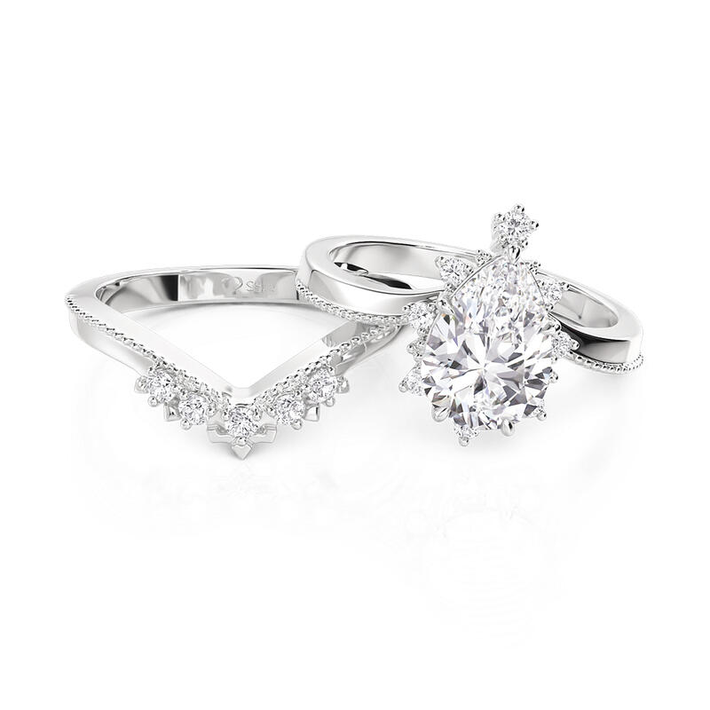 Jeulia Unique Christmas Tree Design Pear Ring Set 2pcs