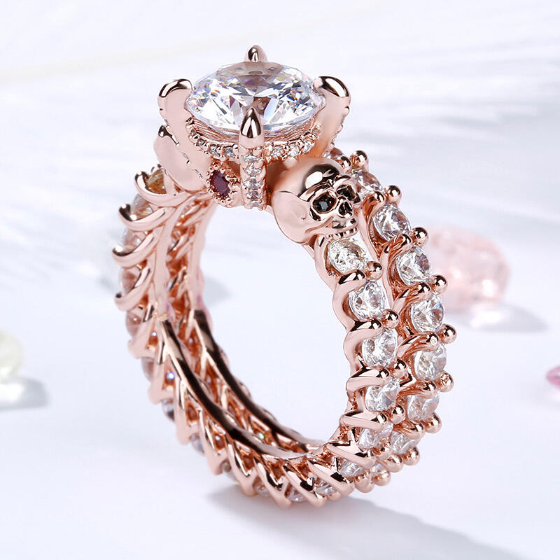 Jeulia Eternity Round Cut Sterling Silver Skull Ring Set