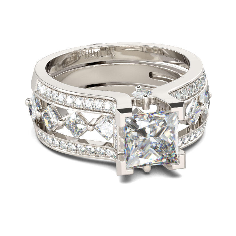 Jeulia Conjunto De Anillos Geométricos De Talla Princesa En Plata De Ley