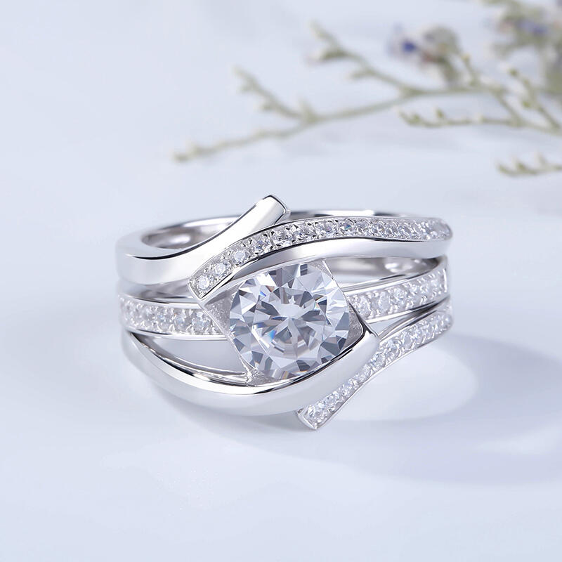 Jeulia Conjunto De Anillos De Rama De Talla Redonda En Plata De Ley