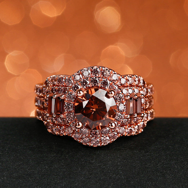 Jeulia Juego de anillos de plata de ley con corte redondo Halo