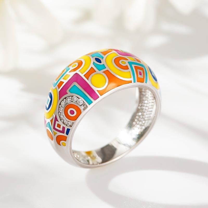 Jeulia "Geometrisch" Mehrfarbig Emaille Sterling Silber Damen Ring Bandring