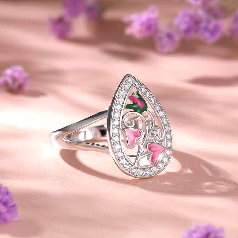 Jeulia Anillo para Mujer Grande de Plata Esmaltada Flor Rosa