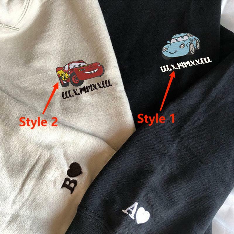 Personalized Hoodie Embroidered Cars Mcqueen and Sally with Custom Roman Numeral Date for Couple's Anniversary