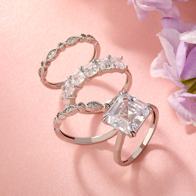 Jeulia Set De Cuatro Anillos En Plata De Ley De Corte Asscher