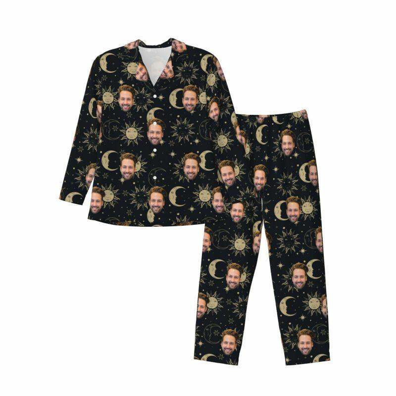 Gepersonaliseerde pyjama op maat met foto Artistiek zon maan patroon ontwerp prachtig cadeau voor hem familie