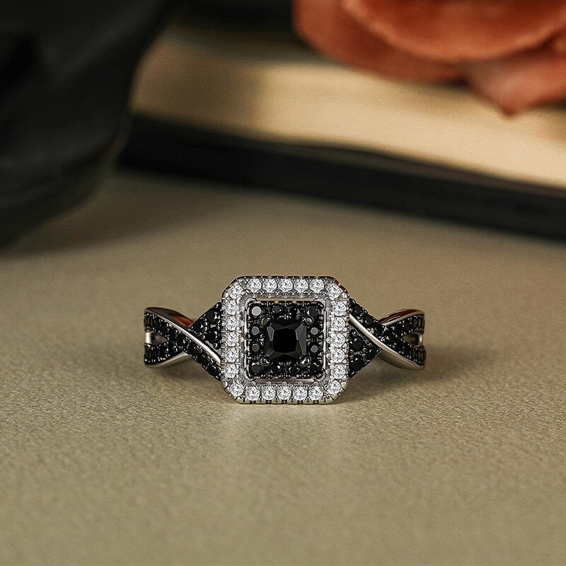 Jeulia Anillo de Compromiso Negro con Doble Halo en Plata de Ley