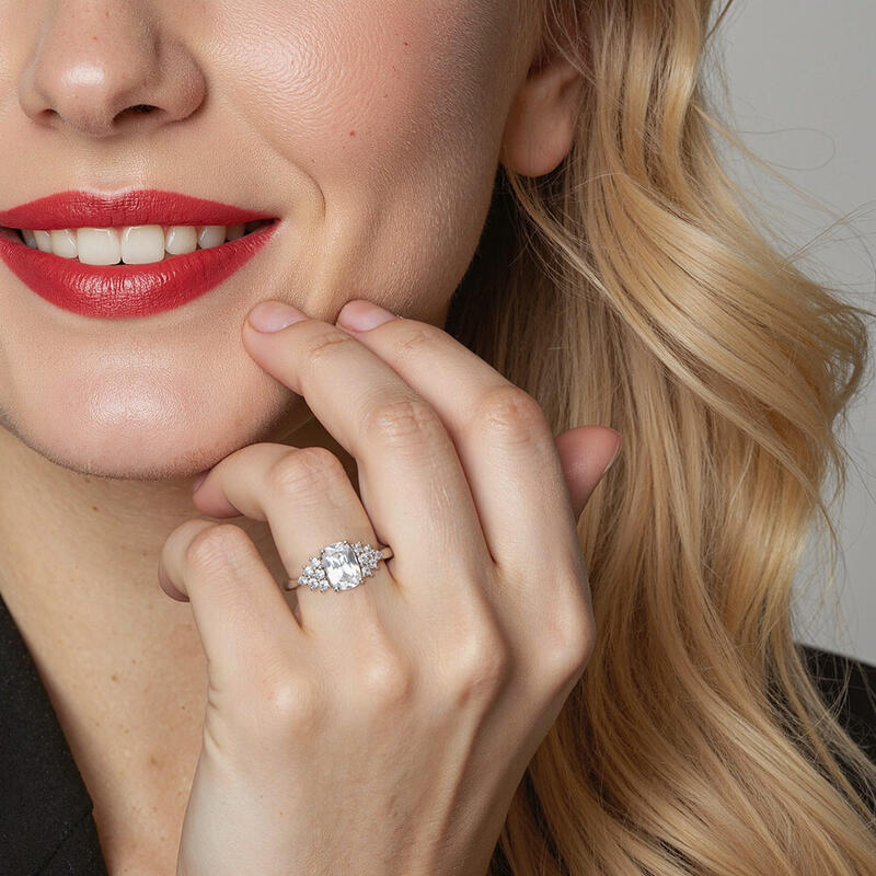 "Promise of Romance" Elongated Cushion Cluster Side Stone Engagement Ring