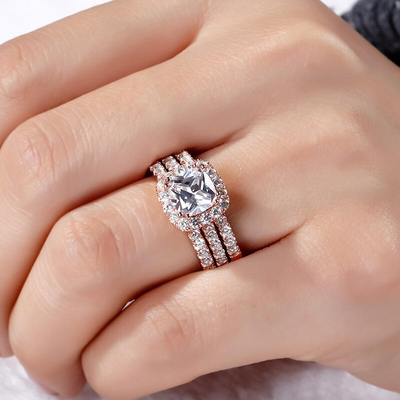 Jeulia 3PC Rose Gold Tone Halo Cushion Cut Sterling Silver Ring Set