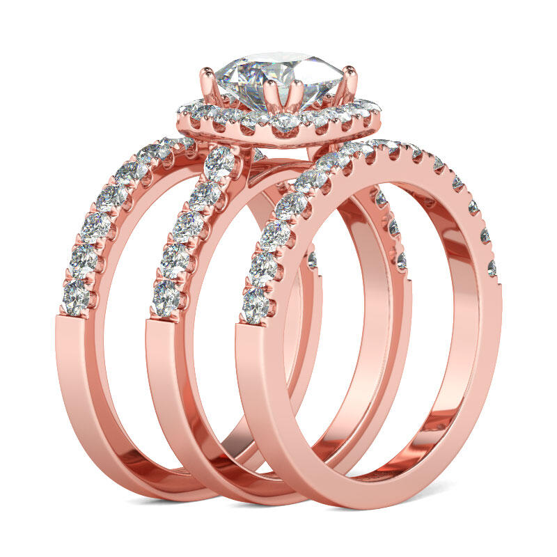 Jeulia 3PC Rose Gold Tone Halo Cushion Cut Sterling Silver Ring Set
