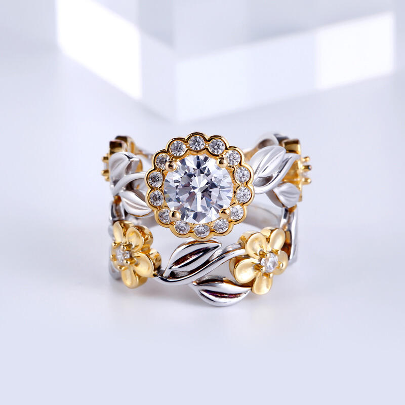 Jeulia Flower Halo Round Cut Sterling Silver Ring Set