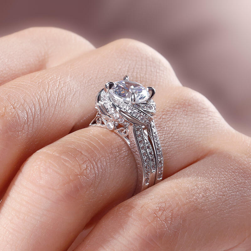 Jeulia Floral Halo Round Cut Interchangeable Sterling Silver Ring Set