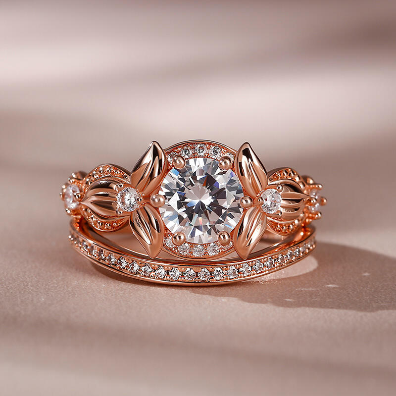 Jeulia Nature Inspired Round Cut Sterling Silver Ring Set