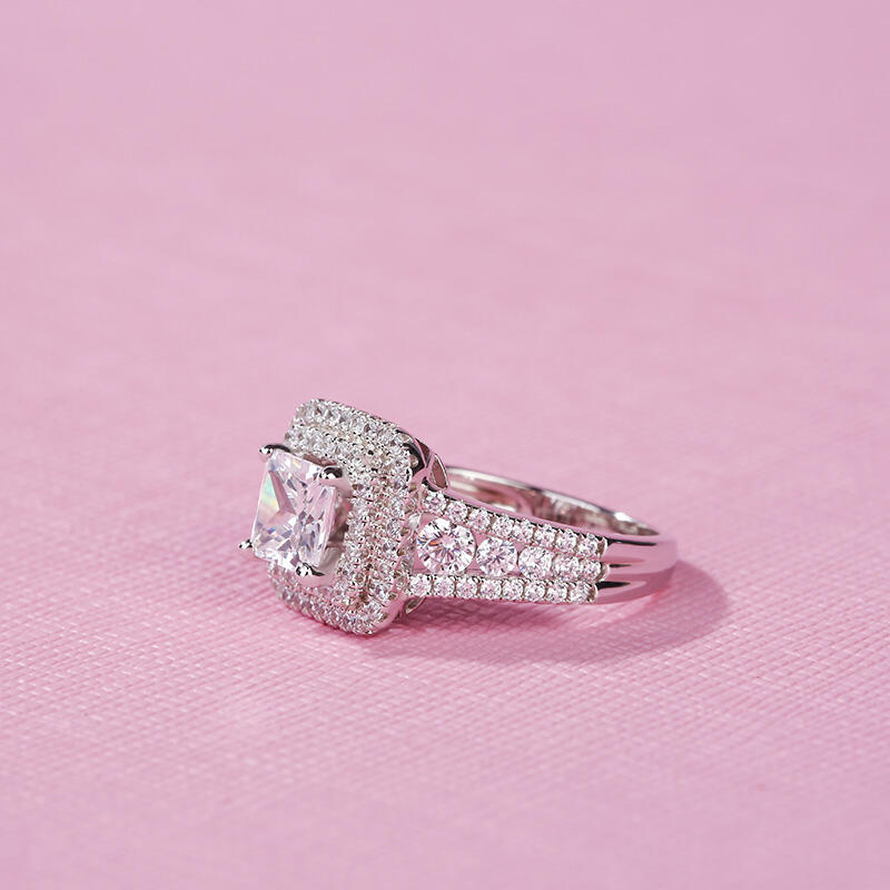 Jeulia Halo Princess Cut Sterling Silver Ring