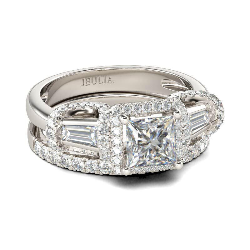 Jeulia Three Stone Halo Princess Cut Sterling Silver Ring Set