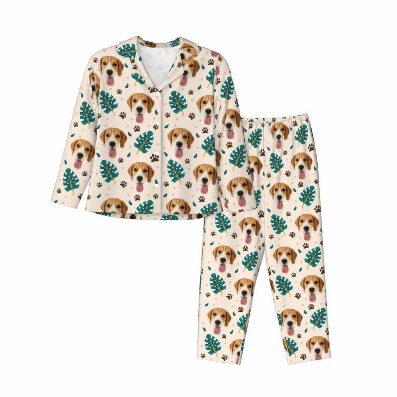 Pigiama personalizzato con foto personalizzata dell'animale domestico, design primaverile pulito con foglie di palma, ottimo regalo per gli amanti degli animali