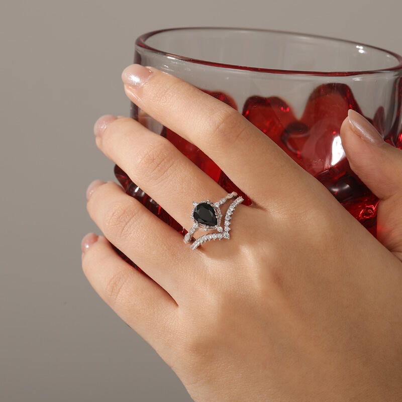 Jeulia Conjunto de Anillos de Plata de Ley con Corte de Pera de Estilo Art Deco