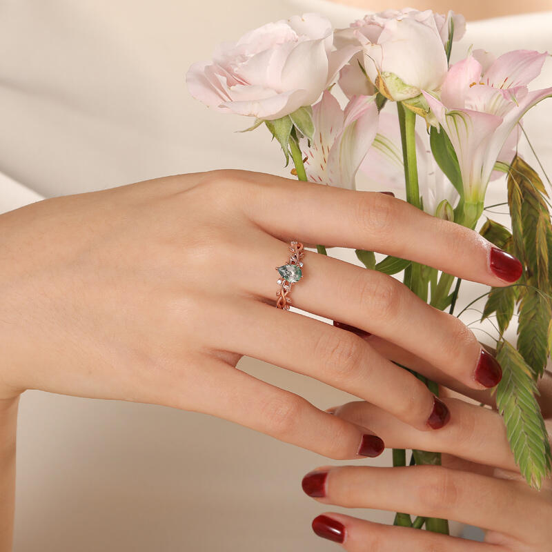 Jeulia Pear Cut Rose Gold Moss Agate Engagement Ring with Vine Leaf