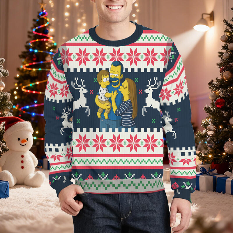 Pull moche personnalisé unisexe avec photo de famille design amusant de style cartoon cadeau de Noël idéal