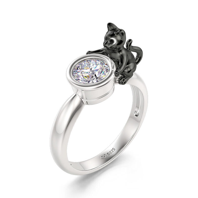 Jeulia Hug Me "Death Witness" Black Cat Round Cut Sterling Silver Ring
