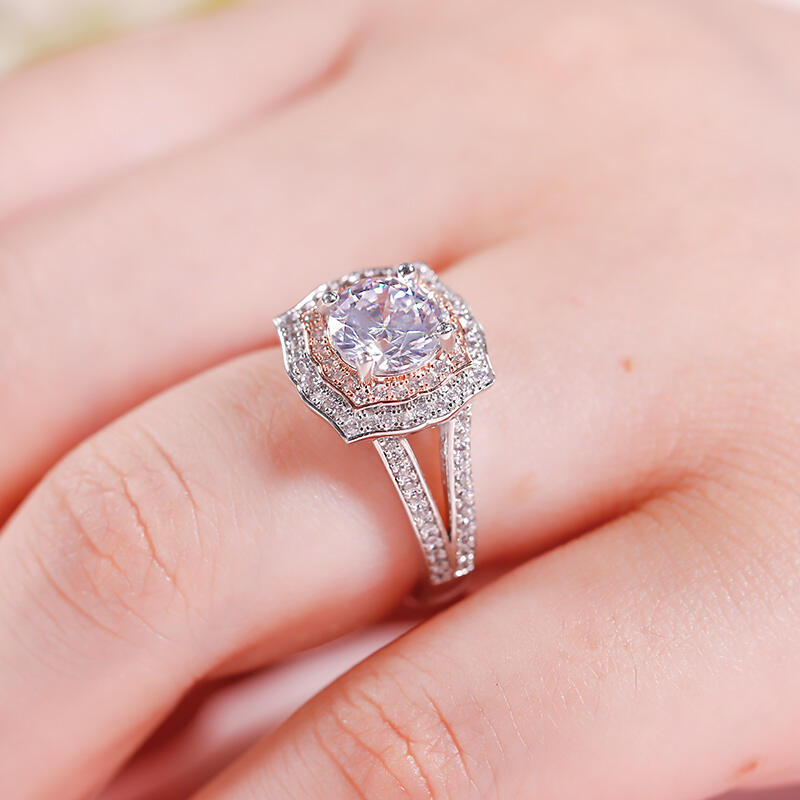 Jeulia Anillo de plata esterlina con halo redondo de dos tonos