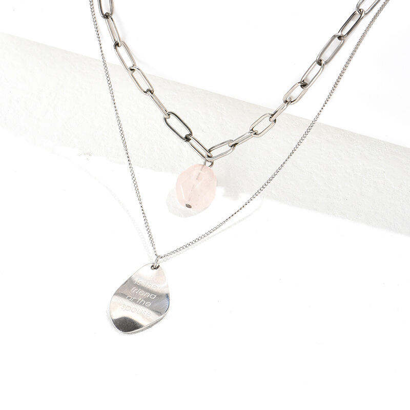 Jeulia "You Are Loved" Chain Design Double Layer Natural Rose Quartz Necklace