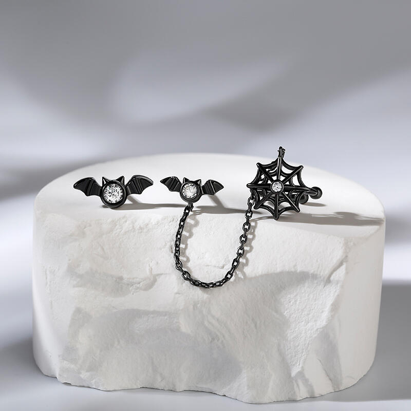 Jeulia "Black Tale" Bat & Spider Web Mismatched Sterling Silver Earrings