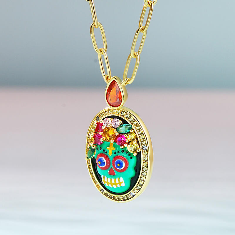 Jeulia "Sugar Bone" Skull Enamel Sterling Silver Necklace