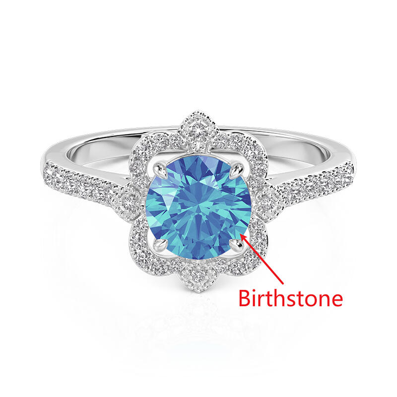 Jeulia Anillo de Compromiso Personalizado con Corte Redondo con Halo Hueco y Piedra de Nacimiento