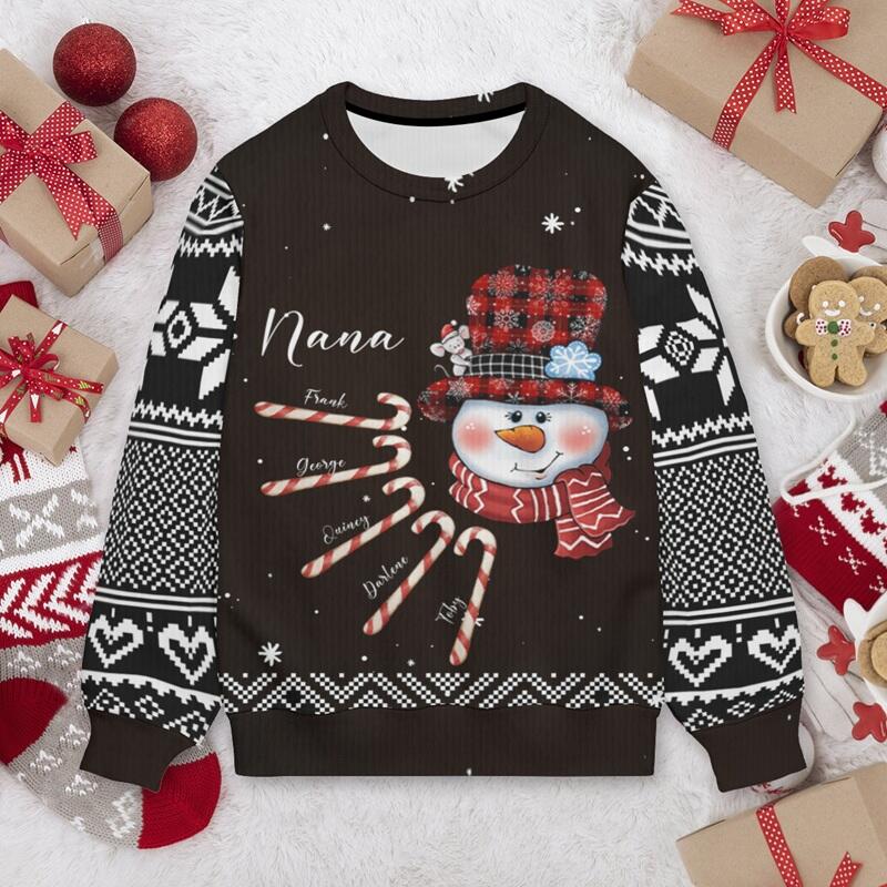 Personalized Ugly Sweater Unisex Nana Snowman Custom Kids Candy Design Cute Christmas Gift for Her Family