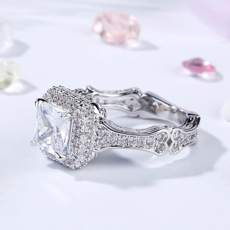 Jeulia Halo Princess Cut Skeleton Sterling Silver Skull Ring