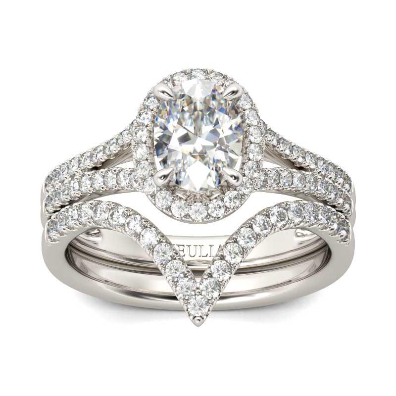 Jeulia Split Shank Halo Oval Cut Sterling Silver Ring Set