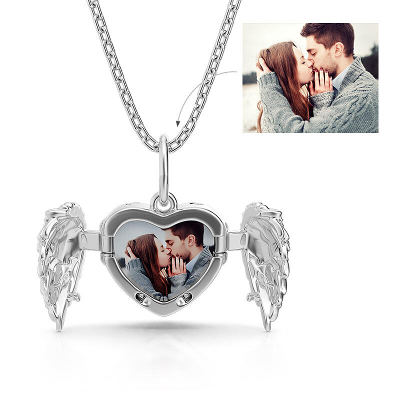 Jeulia Openable Angel Wings Heart Personalized Sterling Silver Photo Necklace