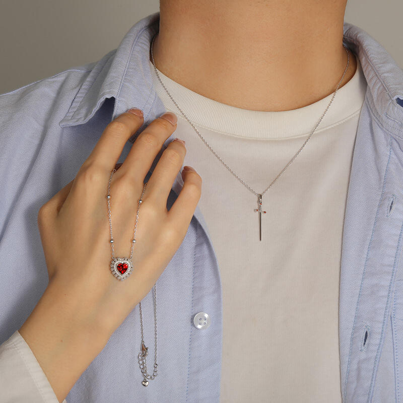 Jeulia Sword Couples Ruby Heart Necklace
