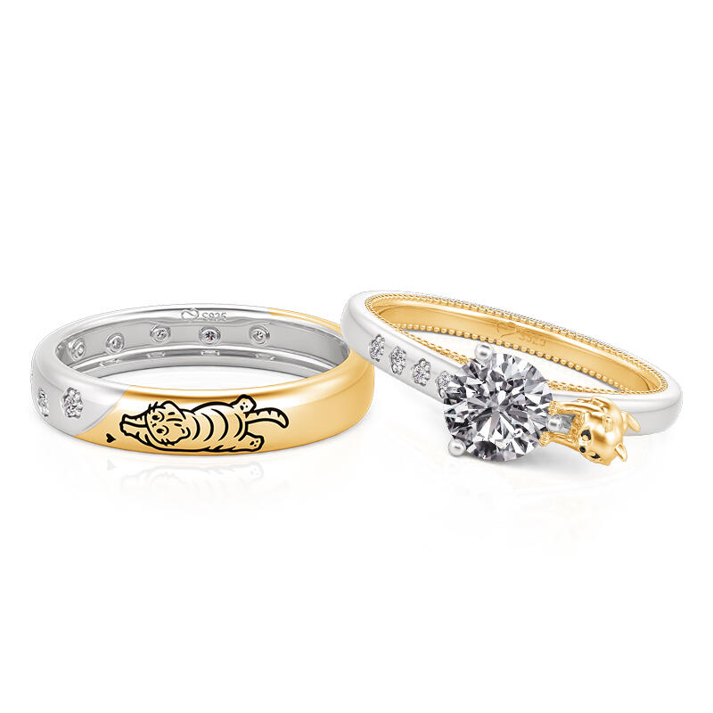 Jeulia Custom Cat and Paw Print Couple Rings Set