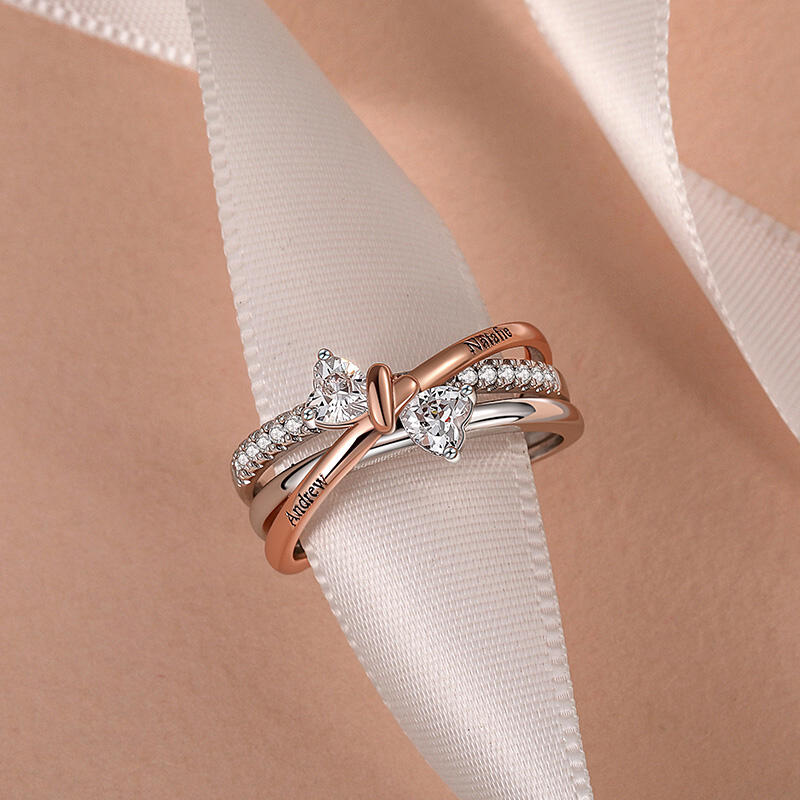 Jeullia Custom Bow Engraved 2 Hearts Promise Ring with Birthstone