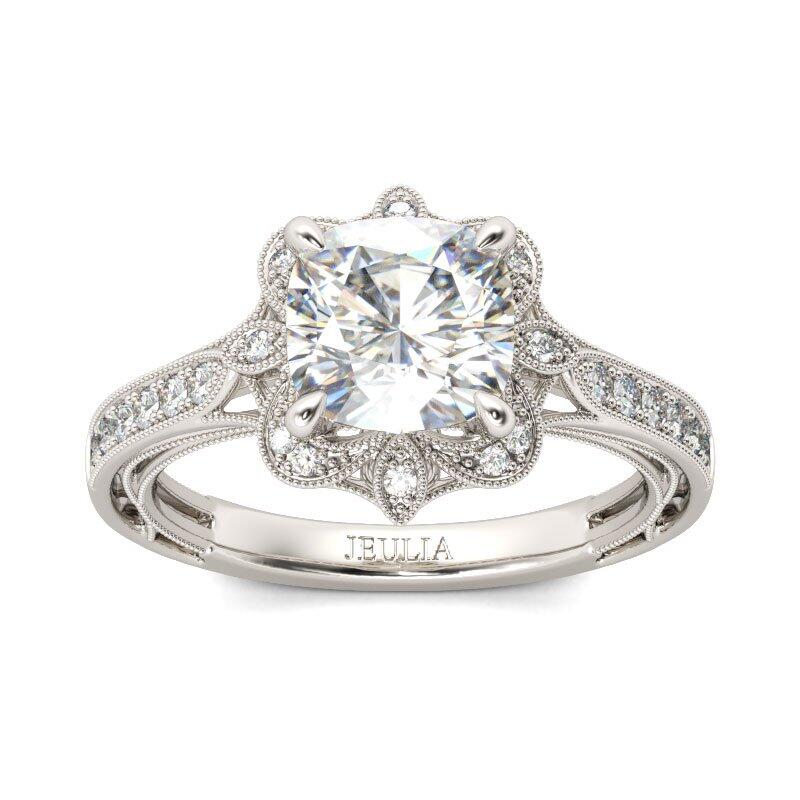 Jeulia Vintage Floral Cushion Cut Sterling Silver Ring