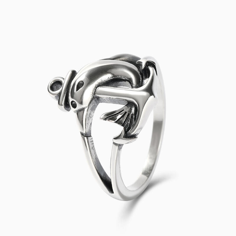 Jeulia Anillo de plata de ley con delfín y ancla