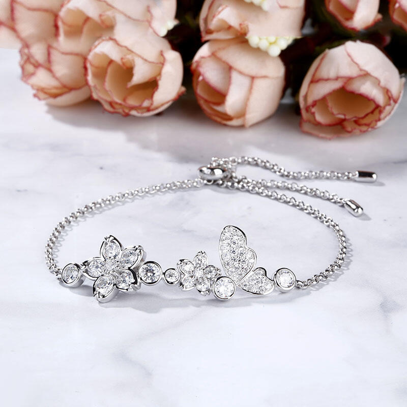 Jeulia Flower and Butterfly Sterling Silver Bolo Bracelet