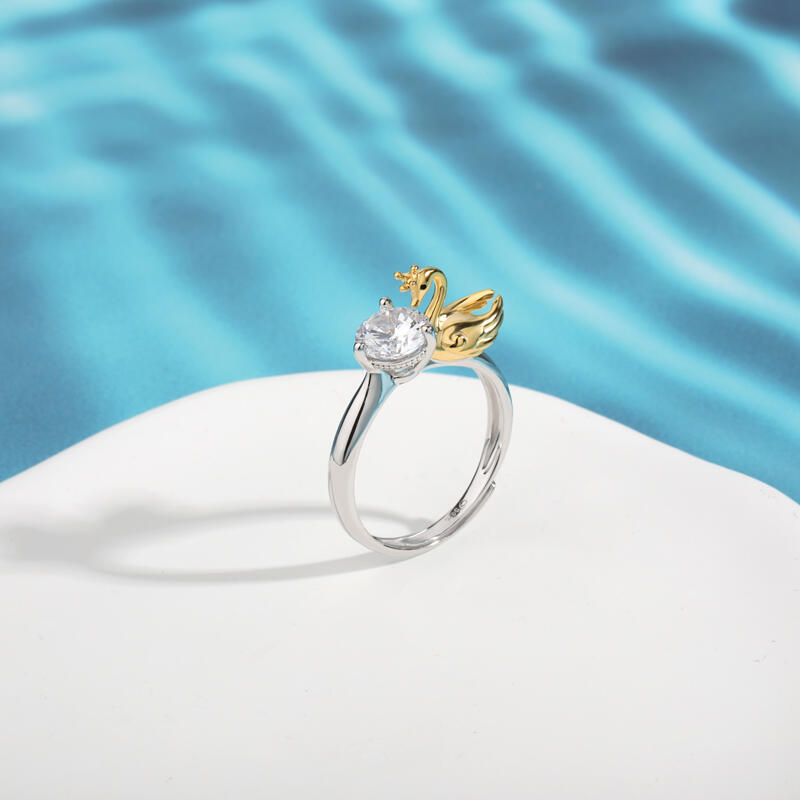 Jeulia Hug Me "Love & Fidelity" Swan Design Round Cut Sterling Silver Adjustable Ring