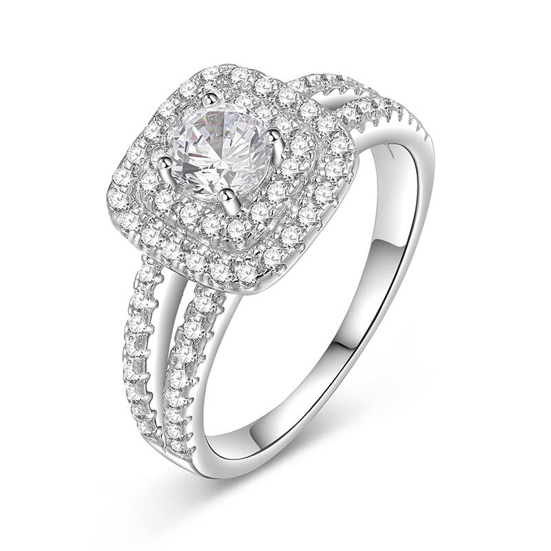 Jeulia Classic Double Halo Engagement Ring Sterling Silver