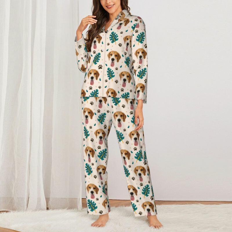 Pigiama personalizzato con foto personalizzata dell'animale domestico, design primaverile pulito con foglie di palma, ottimo regalo per gli amanti degli animali