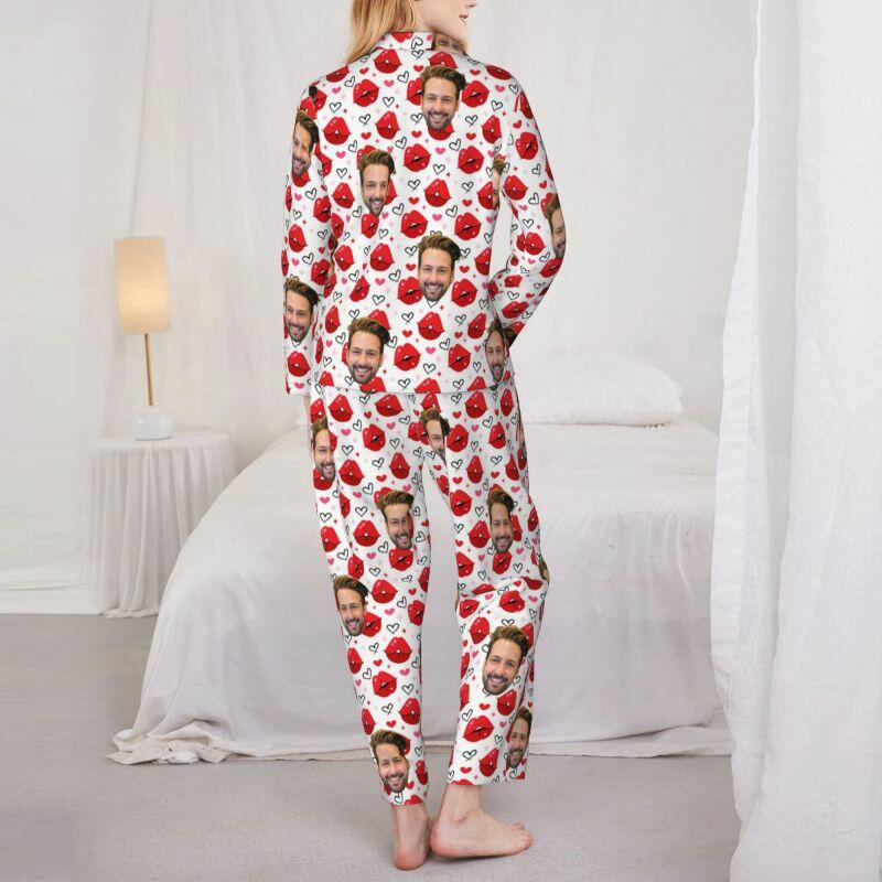 Personalized Pajamas Custom Couple Photo Hot Kiss Heart Pattern Design Perfect Gift for Lovers