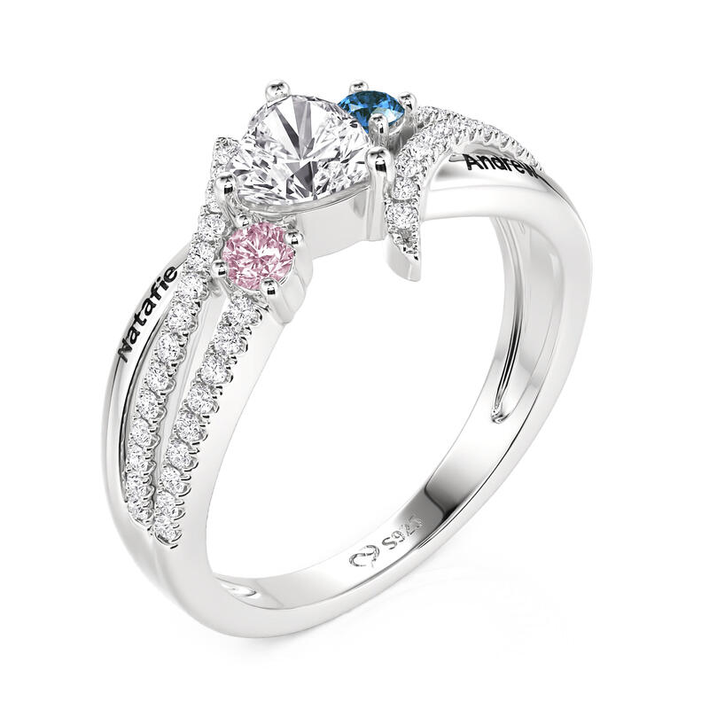 Jeulia Custom Three Stone Engraved Name Ring with Birthstone