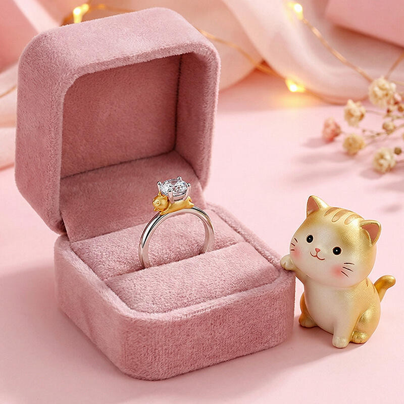 Jeulia Hug Me Cute Cat Ring with Round Cut Stone