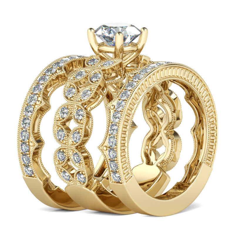 Jeulia Gold Tone Milgrain Round Cut Sterling Silver Ring Set