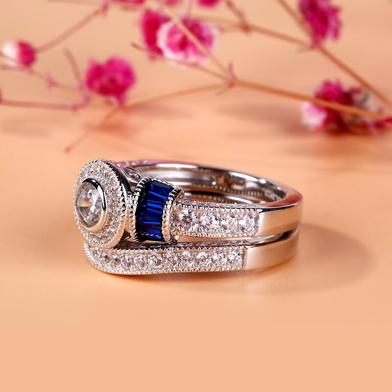 Jeulia Vintage Round Cut Sterling Silver Ring Set