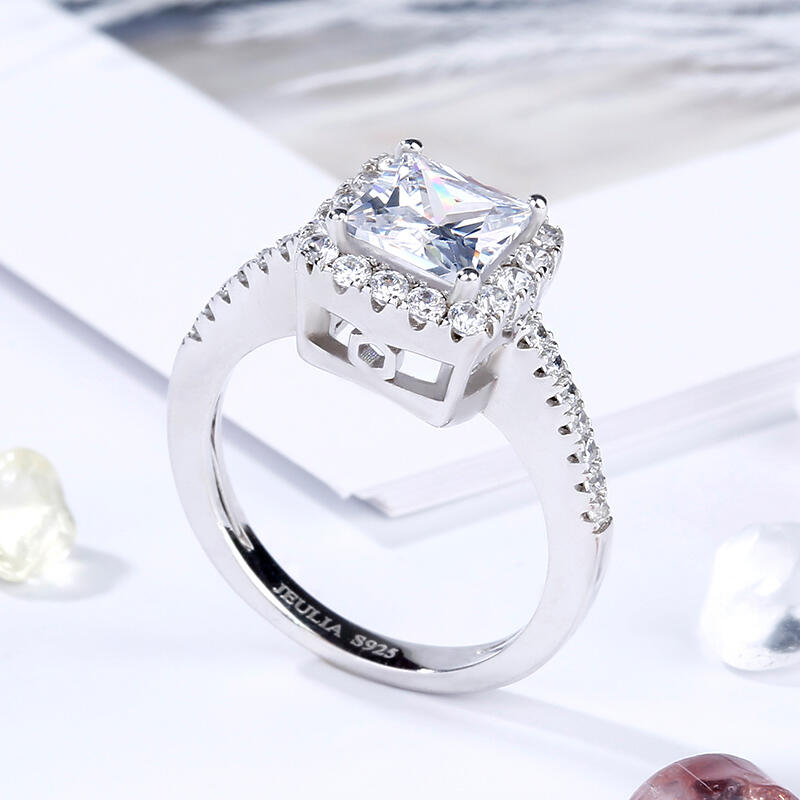 Jeulia Halo Princess Cut Sterling Silver Ring